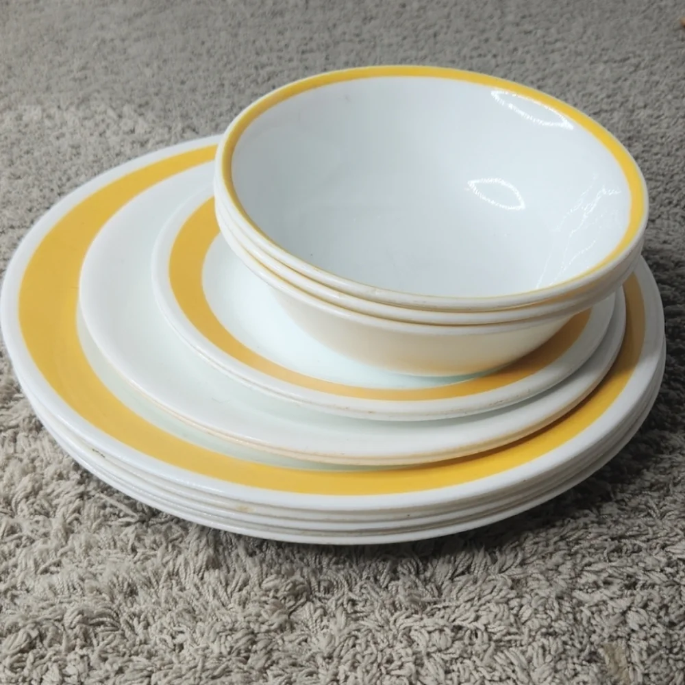 Set Of Sunrise Corelle Dishes - White & Yellow - 12 Dishes